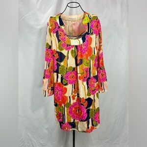 Trina Turk colorful floral 100% silk bell sleeve shift mini dress size 6